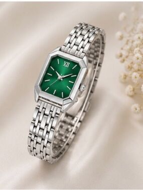 Women’s Silver Rectangle Watch with Green Dial | Elegant Quartz Bracelet Watch